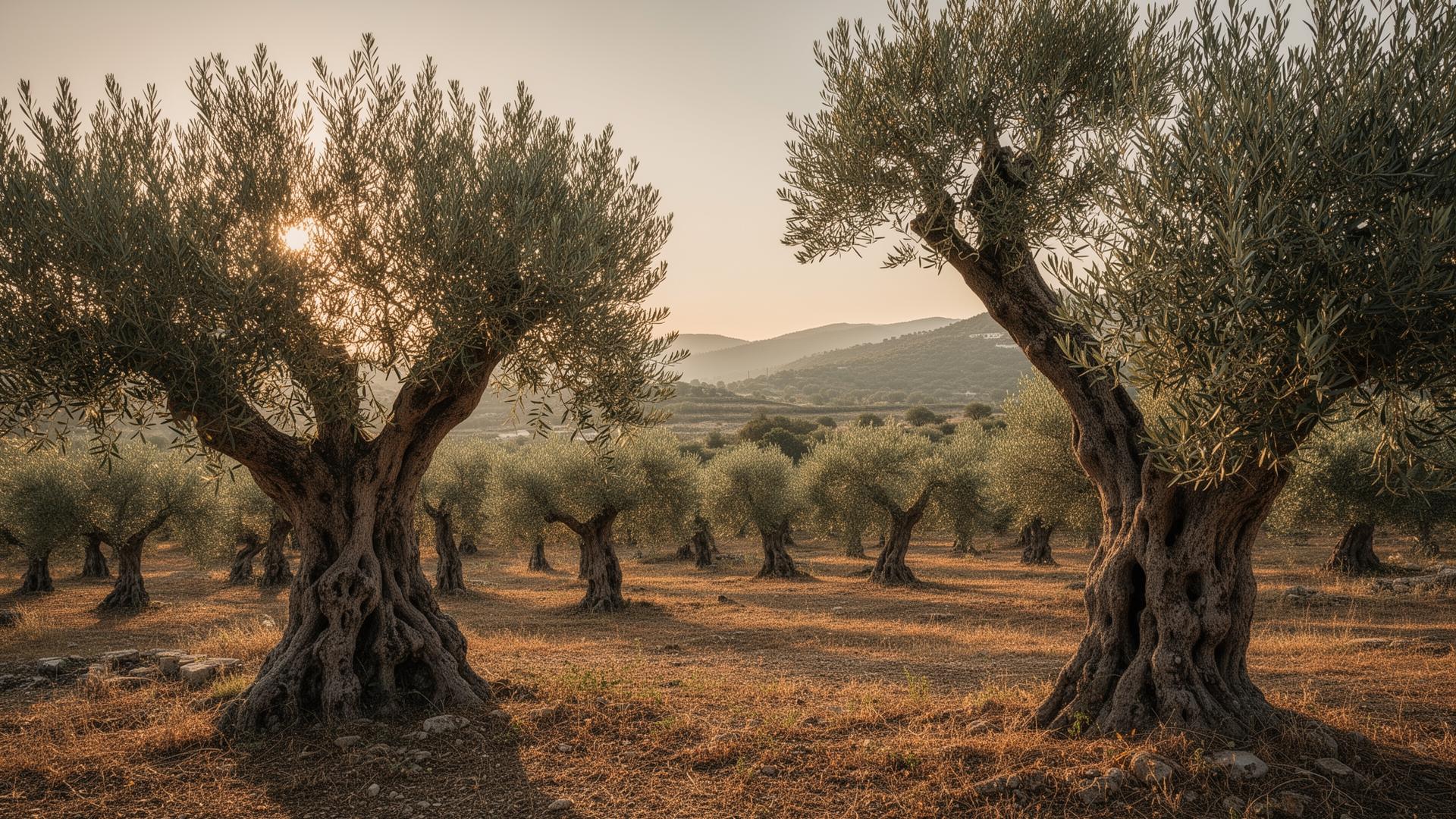Αρχαίος ελαιώνας στη Χώρα Μεσσηνίας στο φως του δειλινού